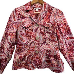 Coldwater Creek Womens Blazer Sz 6 100% Cotton Maroon Paisley Boho BizCasual